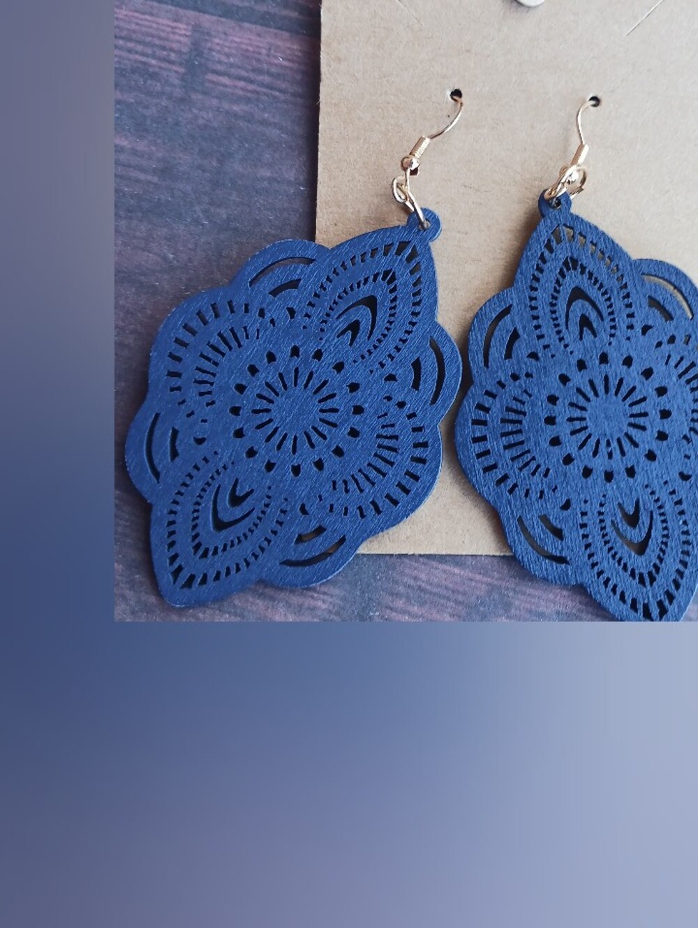 Navy Blue Wood Filigree Teardrop Dangle Earrings